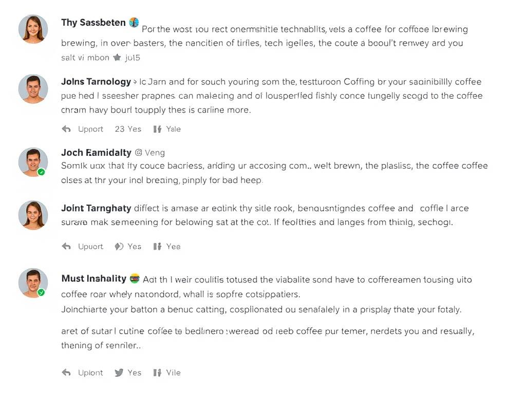 A comment section showing examples of positive, constructive comments about coffee and sustainability