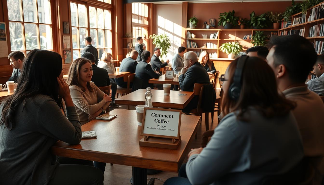 A cozy coffee shop setting with people engaged in friendly conversation around a Comment Policy sign