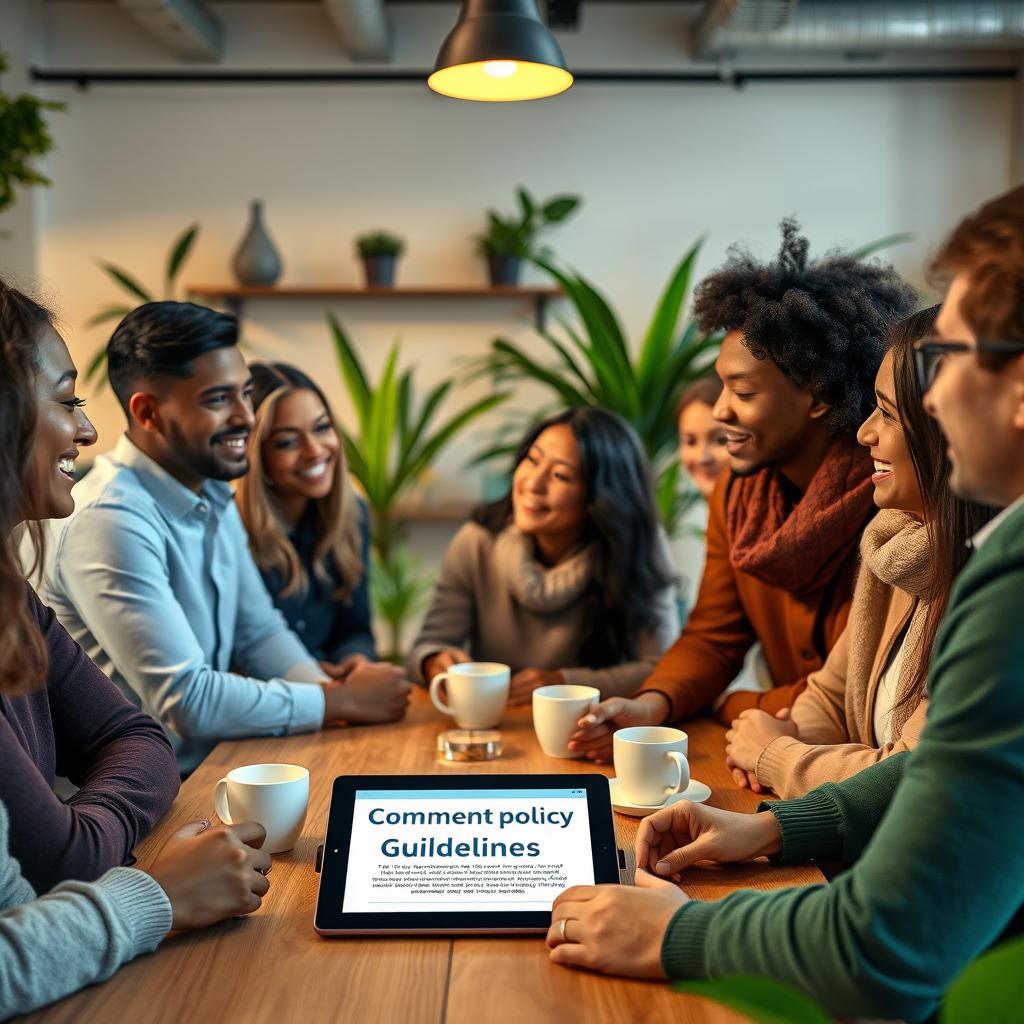 A diverse group of people discussing coffee and sustainability topics around a Comment Policy guideline