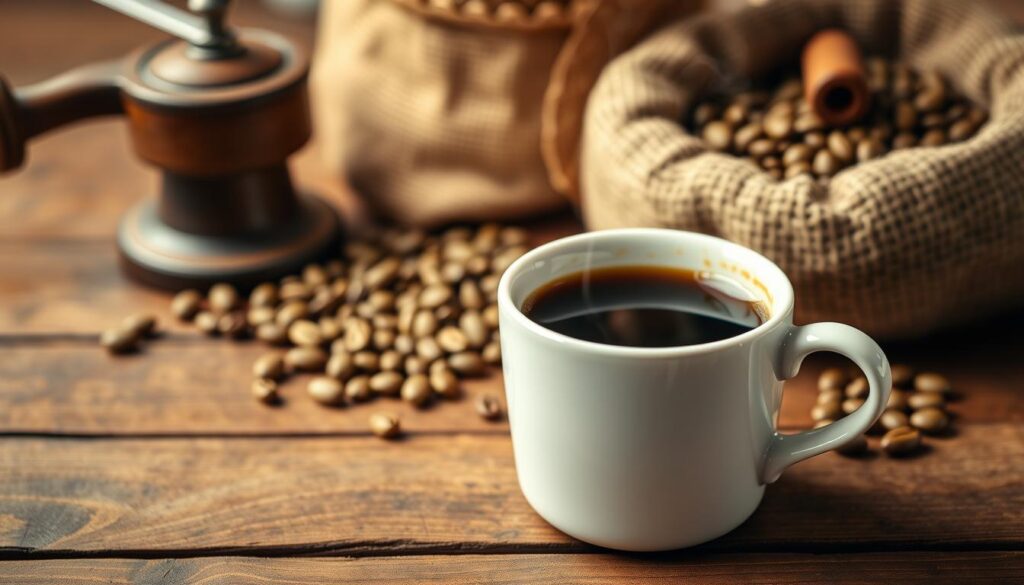 A perfectly brewed cup of Guatemalan coffee with processing tools in the background
