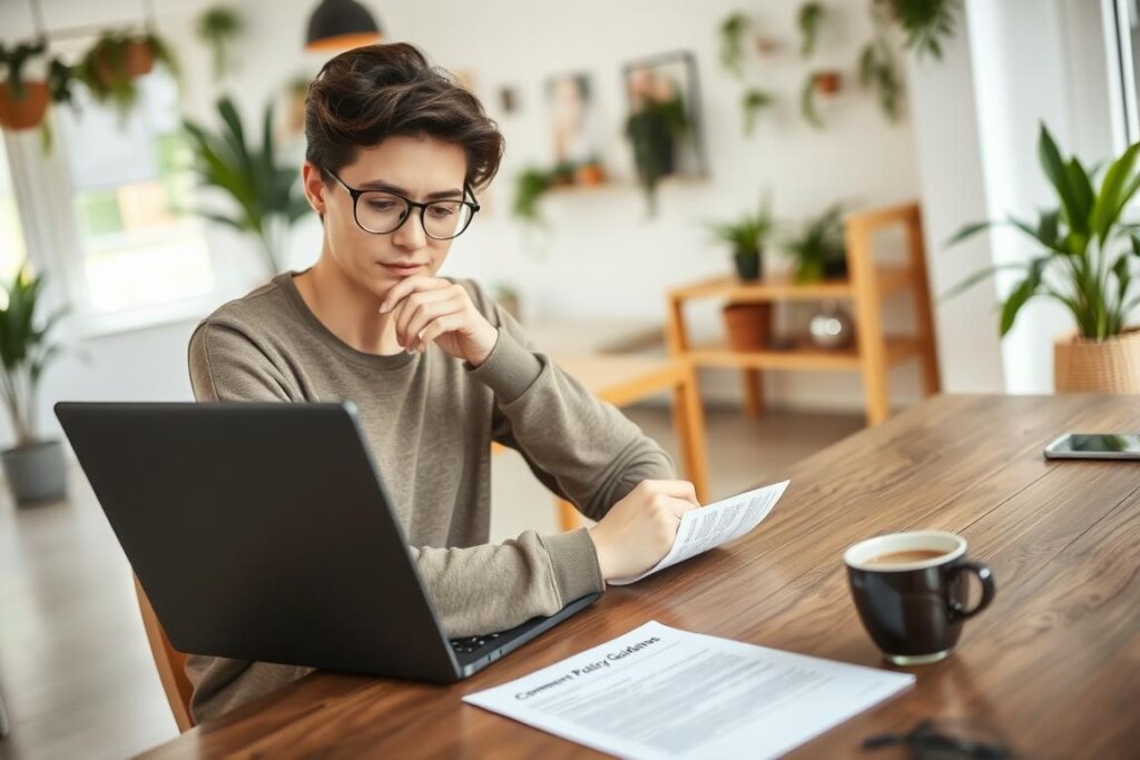 A person thoughtfully writing a comment while referencing the Comment Policy guidelines