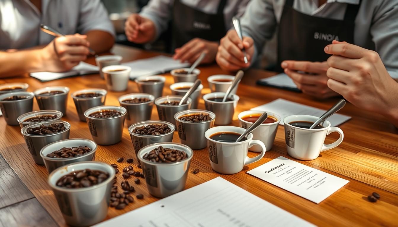A professional coffee cupping session with Guatemalan coffee beans, showing multiple cups arranged on a wooden table