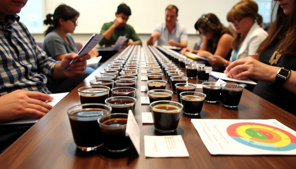 A tasting session of different Guatemalan coffee varieties with tasting notes cards