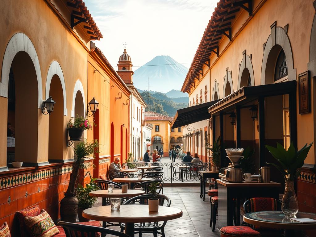 Charming café in Antigua, Guatemala with colonial architecture and volcano views