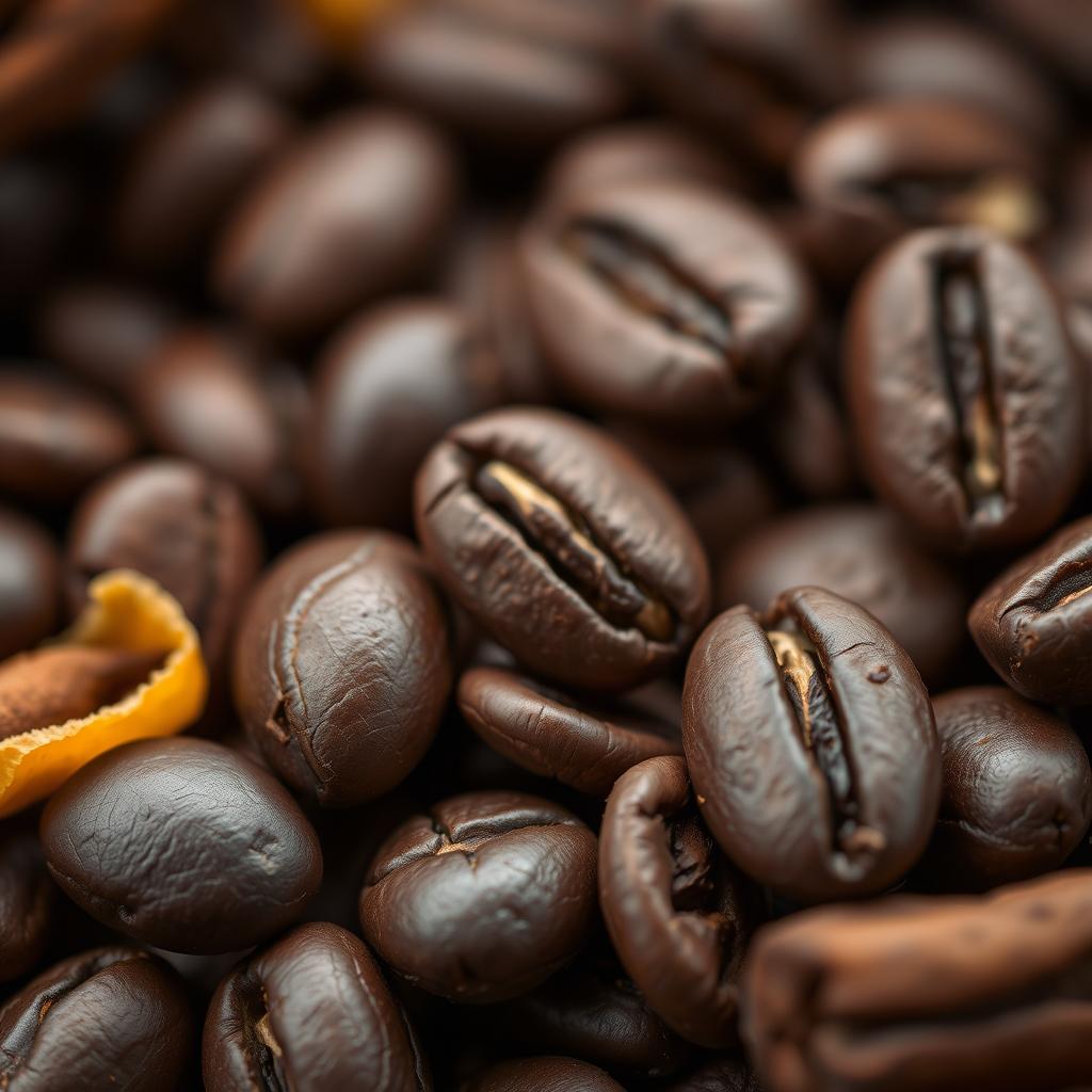 Close-up of Antigua coffee beans with chocolate and spice visual elements