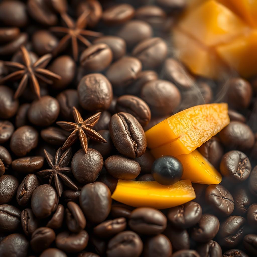 Close-up of Cobán coffee beans with spice and fruit visual elements