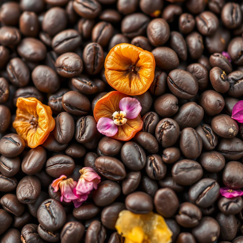 Close-up of Huehuetenango coffee beans with fruit and floral visual elements