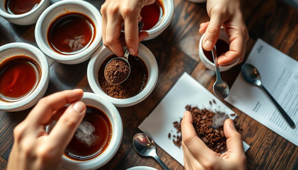 Close-up of a cupping session with multiple cups of Guatemalan coffee being evaluated