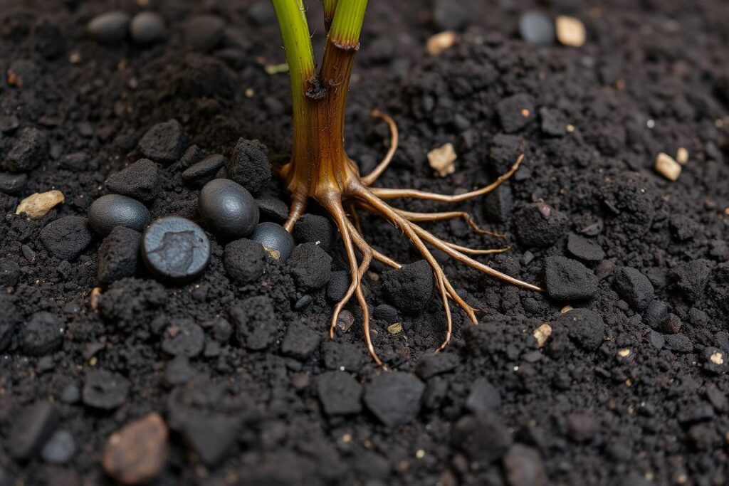 Close-up of rich, dark Guatemalan volcanic soil with coffee plant roots visible