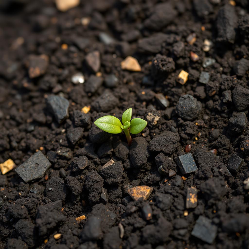 Close-up of rich volcanic soil from a Guatemalan coffee farm with coffee plant