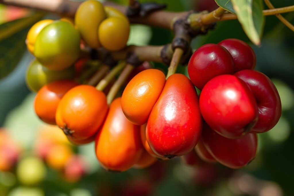 Coffee cherries at different stages of ripeness on a branch in Guatemala