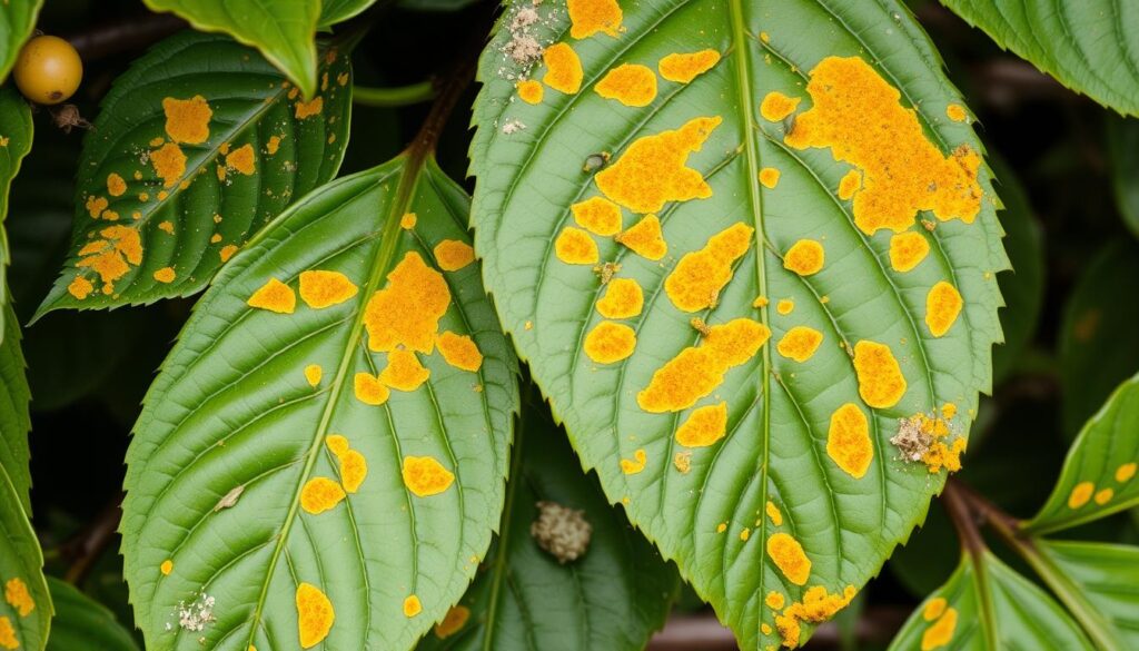 Coffee plants affected by coffee leaf rust (roya) disease showing characteristic yellow-orange spots on leaves