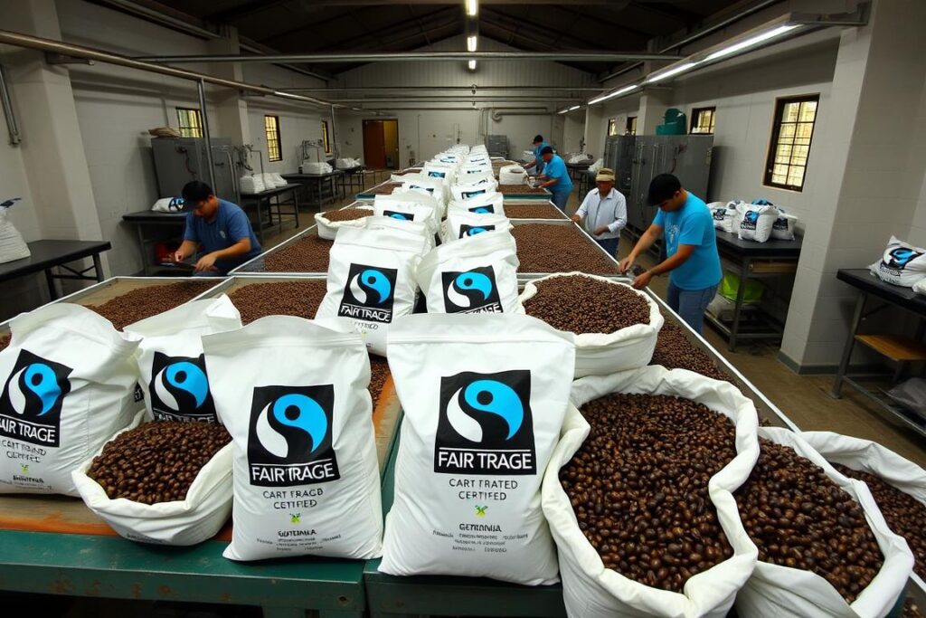 Fair Trade certified coffee being processed at a cooperative with visible Fair Trade certification labels