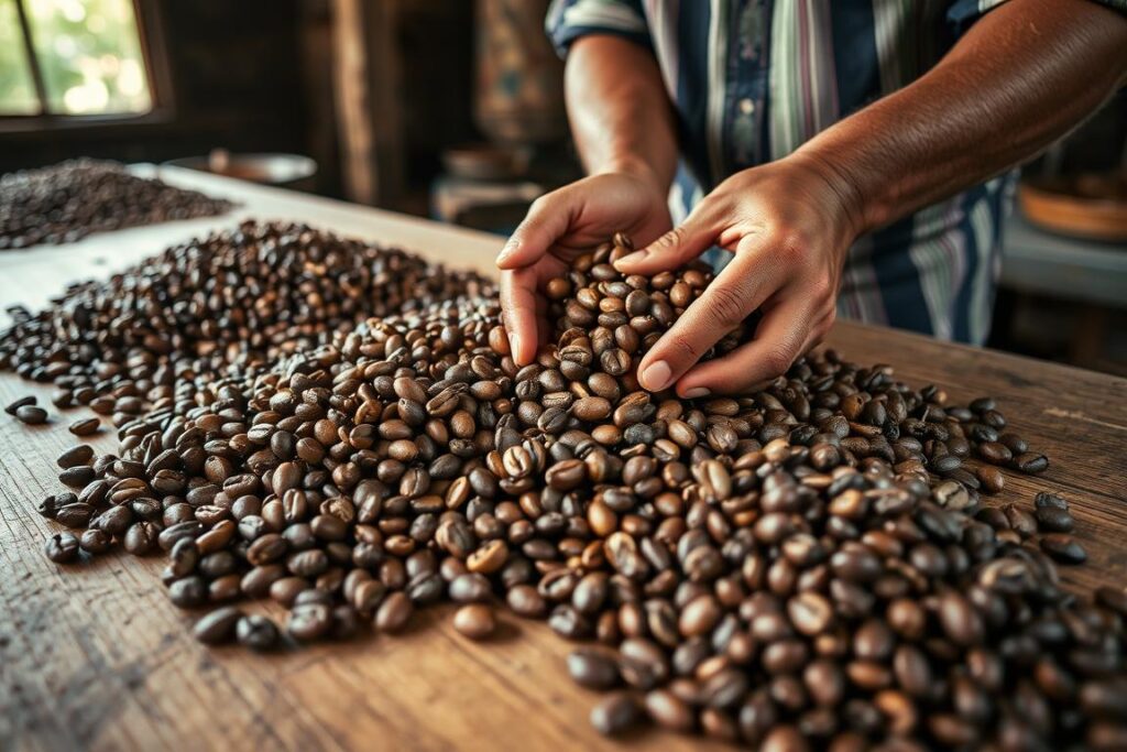 Farmer carefully sorting coffee beans by hand to ensure quality