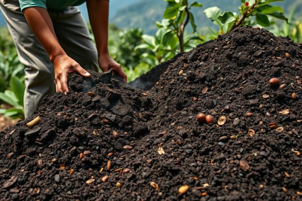 Farmer composting coffee cherry pulp for natural fertilizer on a Guatemalan farm