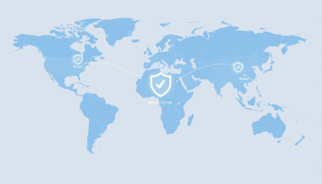 Global map showing international data transfer flows with privacy safeguards