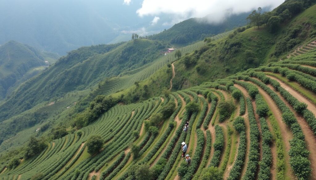 Guatemalan coffee farm on steep mountainside showing high-altitude cultivation