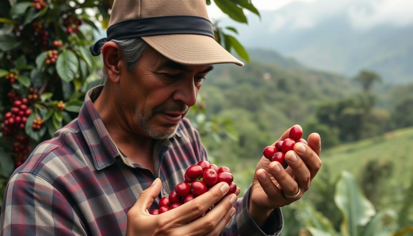 Guatemalan coffee farmer examining coffee cherries on a sustainable farm with mountains in background