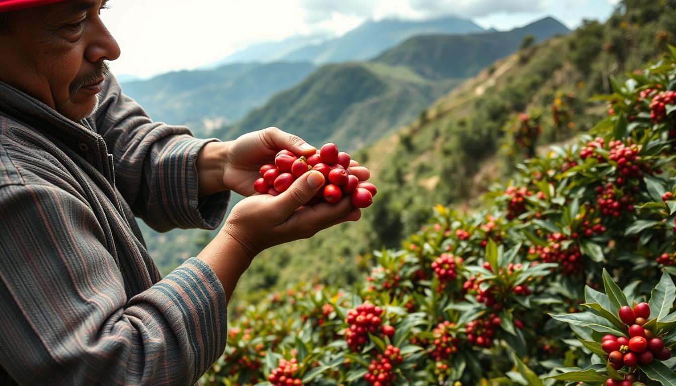 Guatemalan coffee farmer harvesting ripe coffee cherries on a small mountainside farm with volcanic peaks in the background