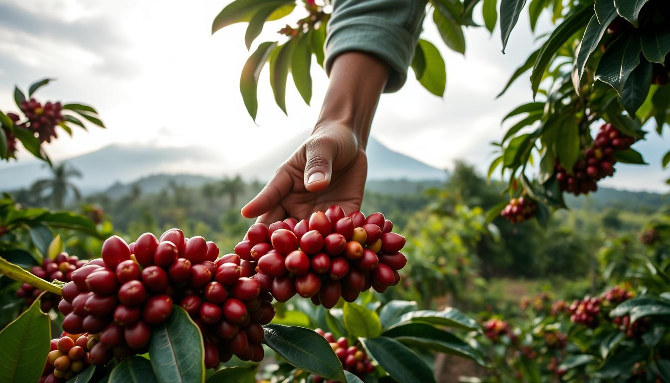 Guatemalan coffee farmer harvesting ripe coffee cherries on a volcanic slope