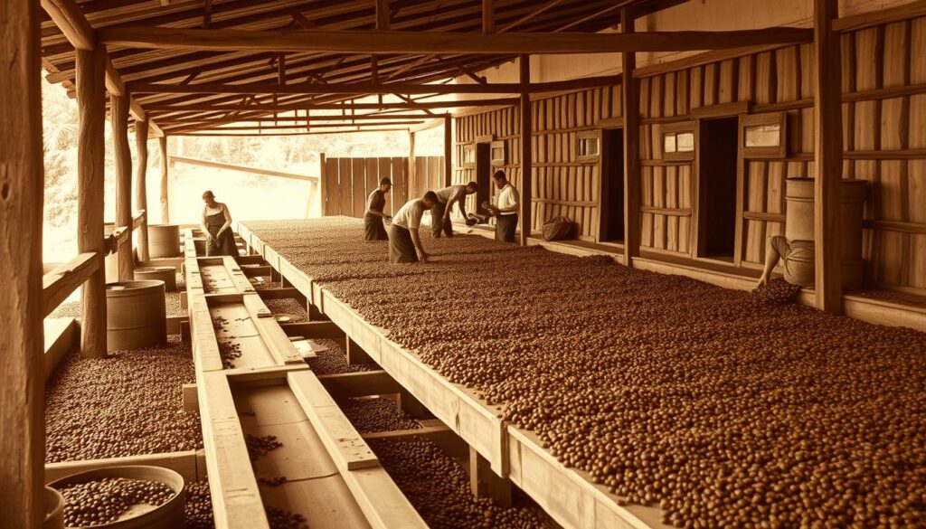 Historical black and white photograph of traditional Guatemalan coffee processing methods from the early 20th century