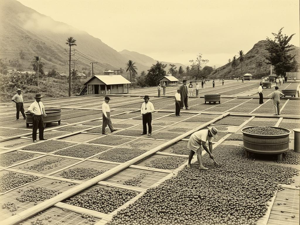 Historical image of a Guatemalan coffee plantation from the late 19th century showing workers and traditional processing methods