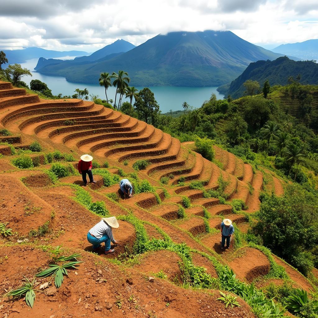 Indigenous farmers using traditional and modern sustainable methods near Lake Atitlán