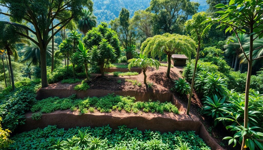 Innovative agroforestry system on a Guatemalan coffee farm showing diverse shade trees, companion crops, and soil conservation measures