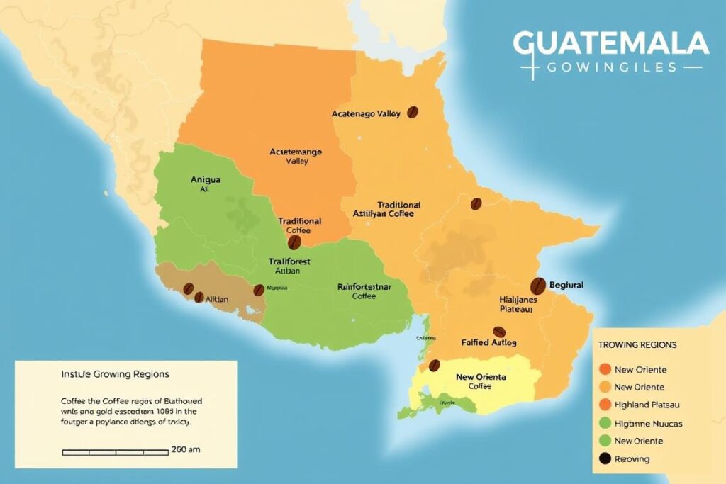 Map of Guatemala's eight coffee growing regions with distinctive characteristics highlighted
