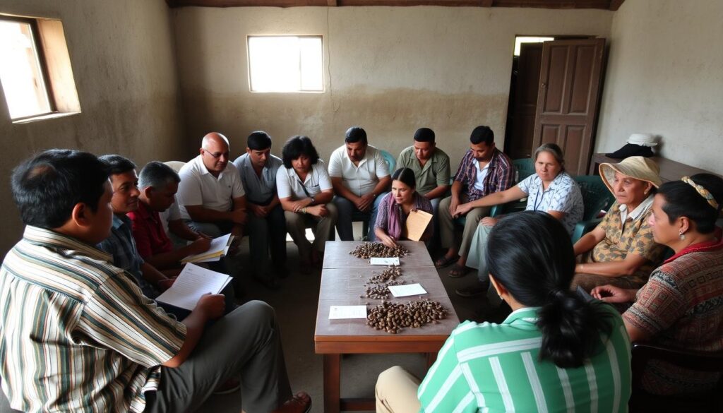 Members of a Guatemalan coffee cooperative meeting to discuss harvest strategies and market opportunities