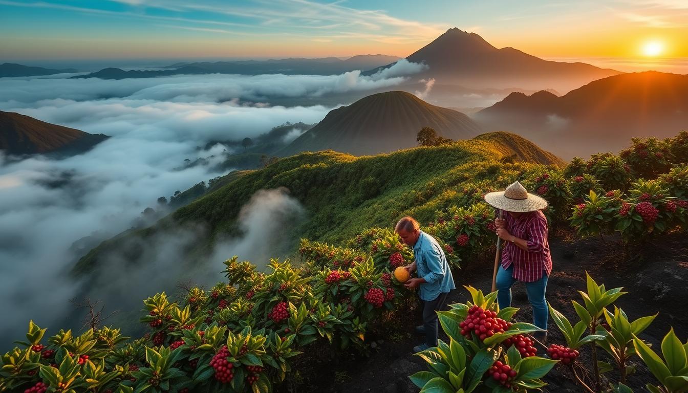 Misty Guatemalan coffee plantation on volcanic slopes with farmers harvesting coffee cherries at sunrise