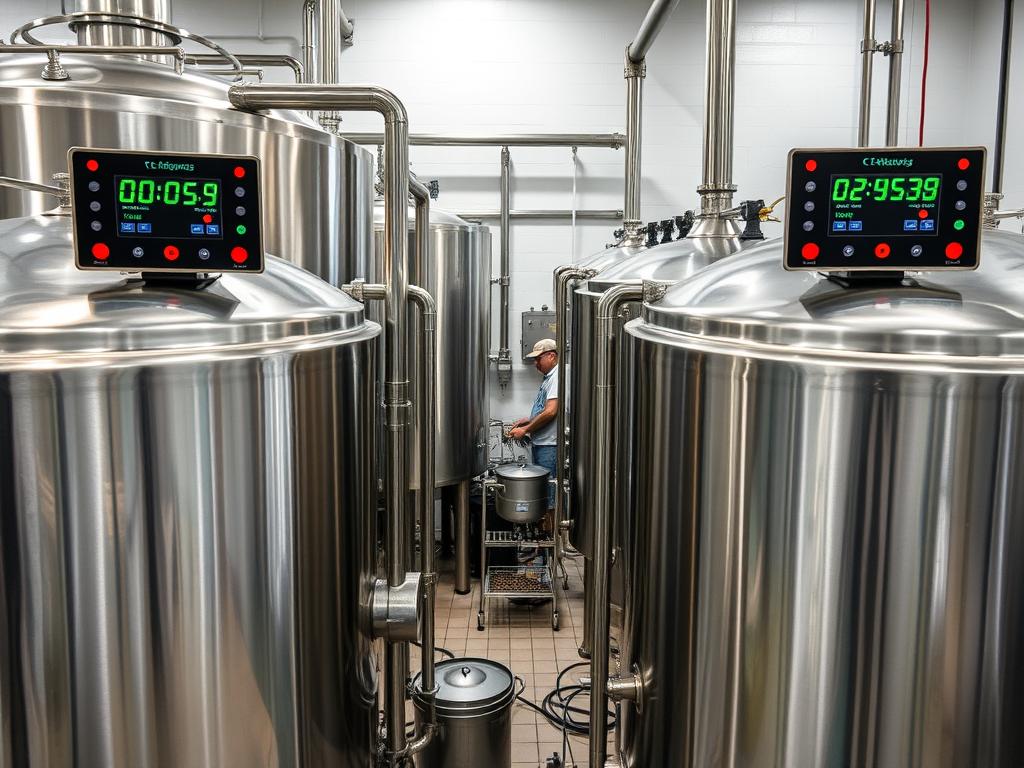 Modern stainless steel fermentation tanks with temperature monitoring equipment