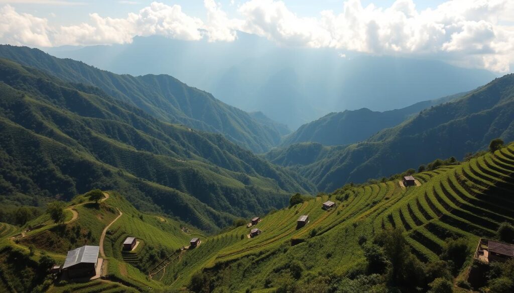 Mountainous landscape of Huehuetenango with coffee farms on steep slopes