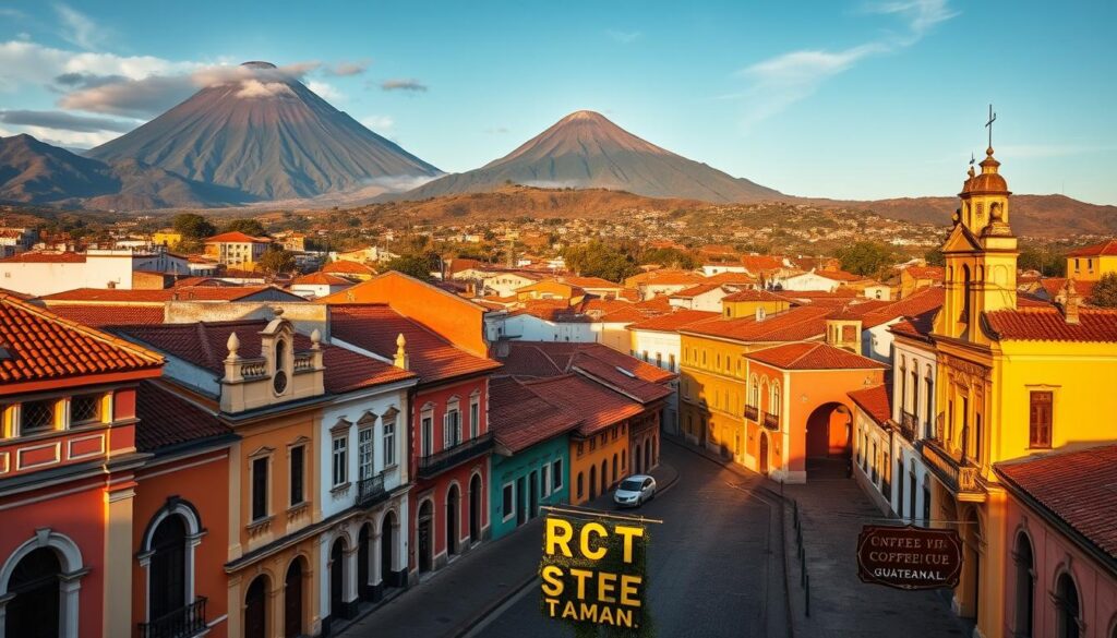 Panoramic view of Antigua with colonial architecture and volcanoes in the background