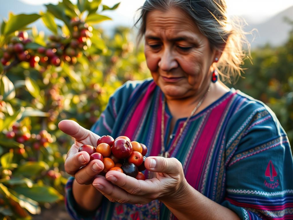 Portrait of Maria Ramirez, a female Guatemalan coffee farmer examining coffee cherries