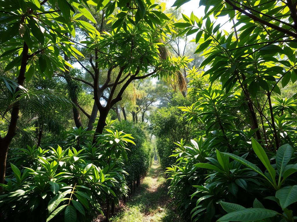 Shade-grown coffee plantation in Guatemala showing coffee plants growing under diverse tree canopy