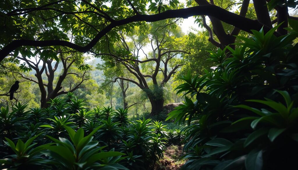 Shade-grown coffee plantation with diverse native trees and coffee plants underneath