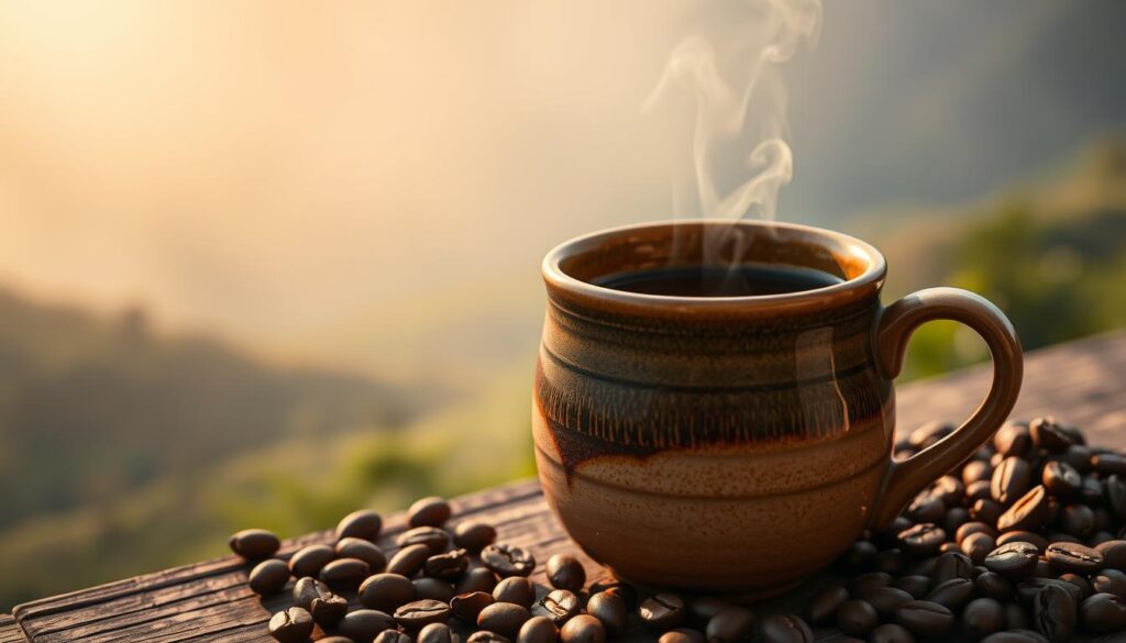 Steaming cup of Guatemalan coffee with beans and landscape in background