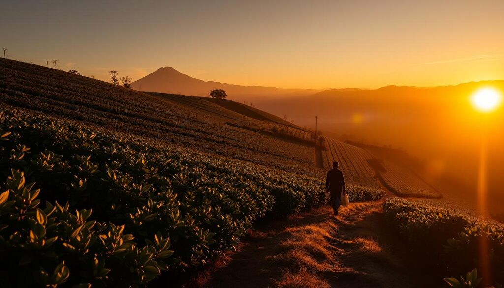 Sunset over Guatemalan coffee plantation with farmer walking home after harvest
