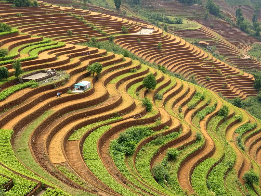 Terraced coffee fields at Cooperative La Voz showing soil conservation practices