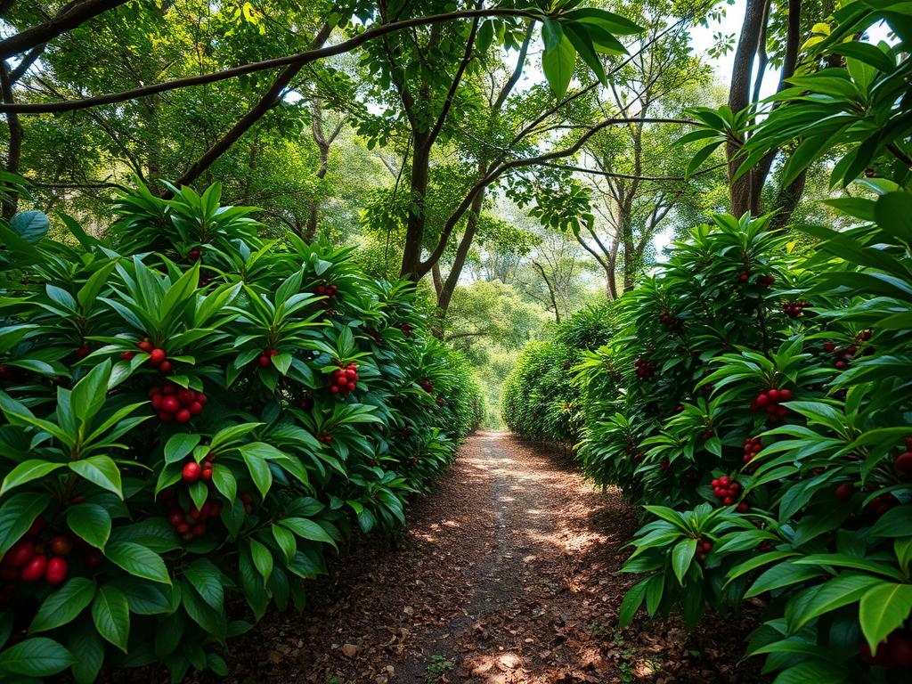 Traditional shade-grown coffee cultivation under a diverse canopy of trees on a small Guatemalan farm
