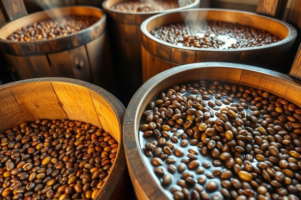 Traditional wooden fermentation tanks filled with coffee beans