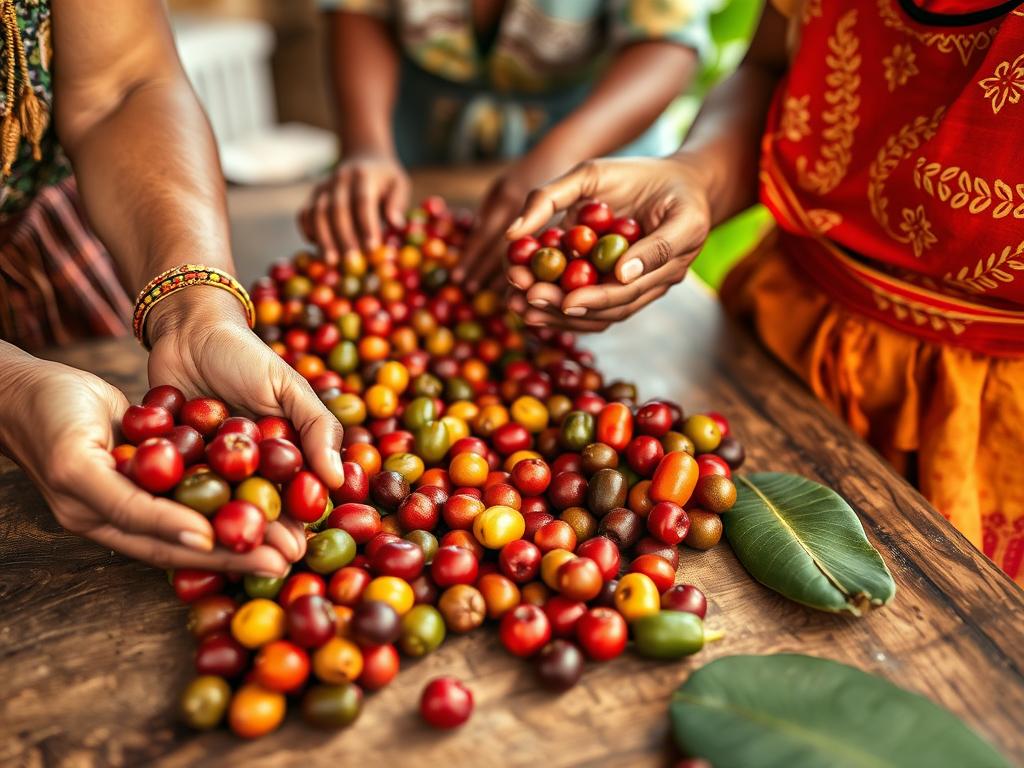 Women carefully hand-sorting coffee cherries on a wooden table