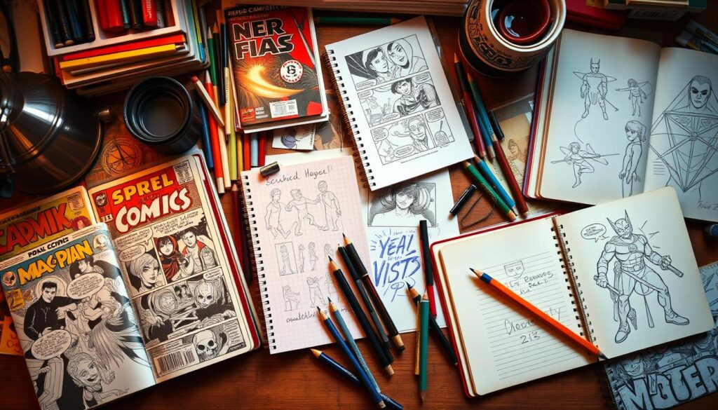 A collection of comics and creative materials showcasing nerd culture expression