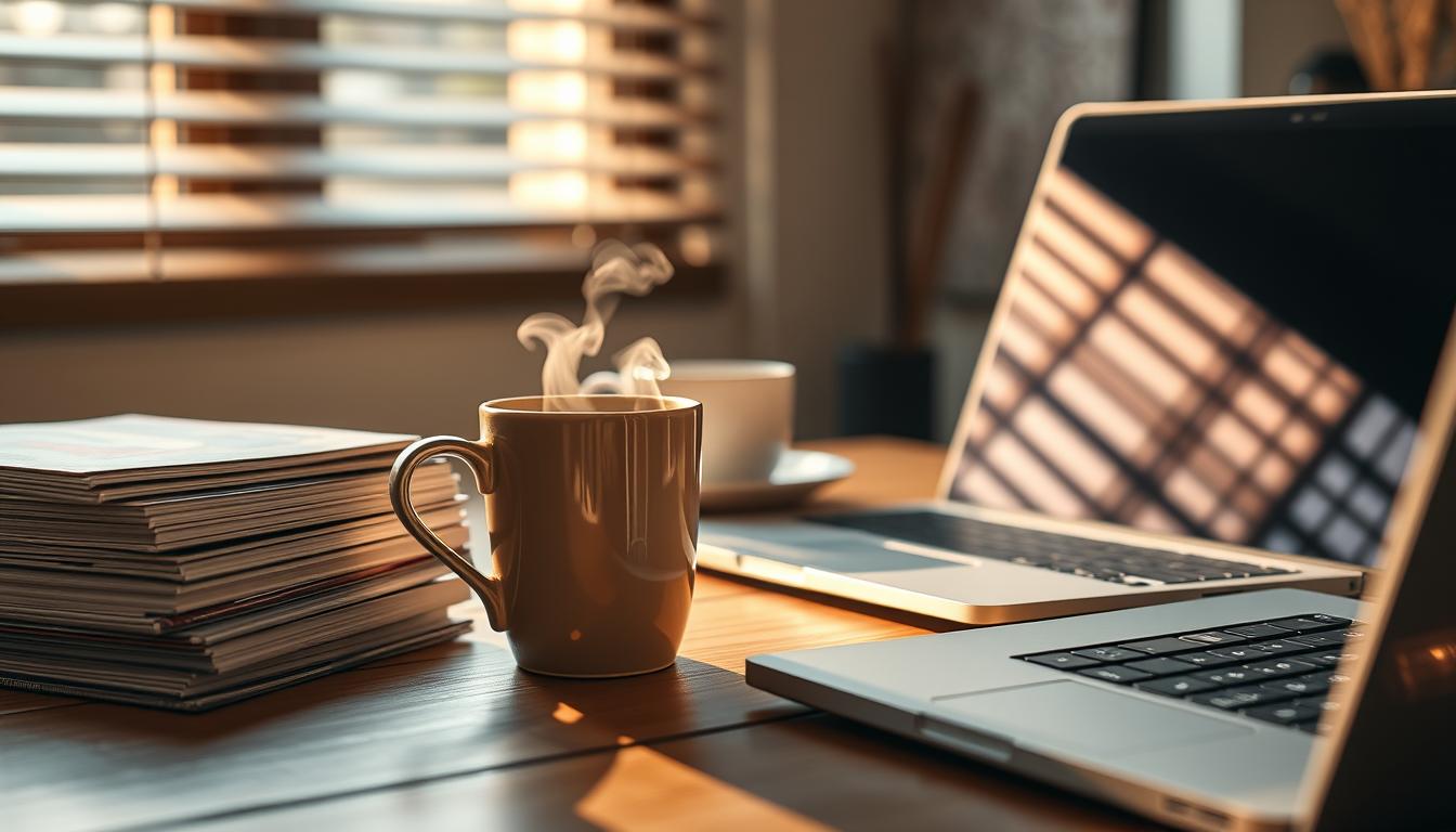 A cozy morning nerd ritual with coffee, comics, and a laptop on a wooden desk