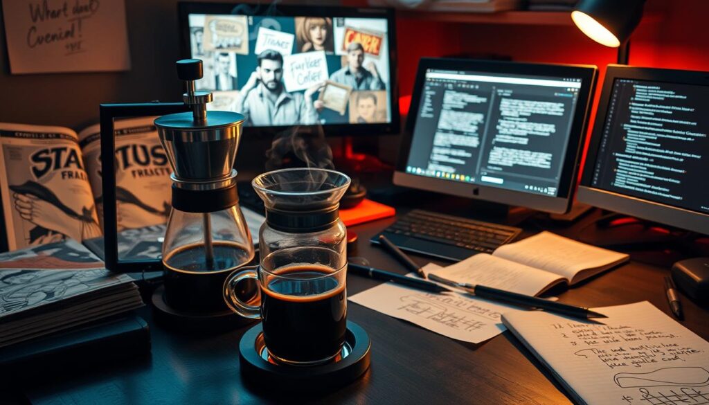 A creative workspace with coffee and comics inspiring new ideas