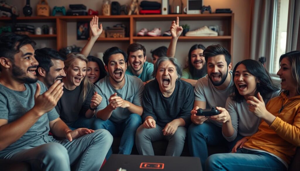 A diverse group of friends sharing an emotional gaming moment together