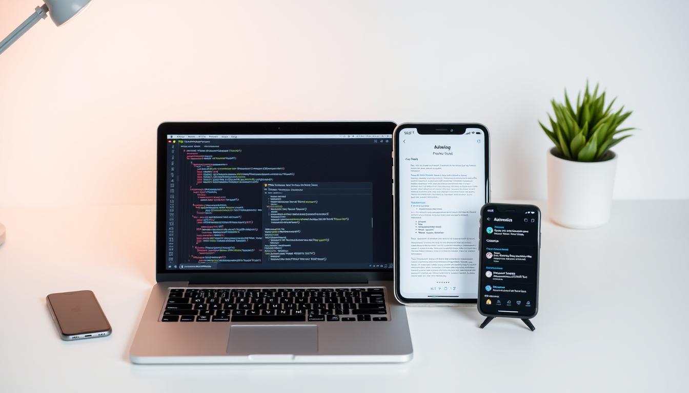 A modern workspace with multiple smart tools for nerds including tablet, smartphone with productivity apps, and a laptop with coding interface