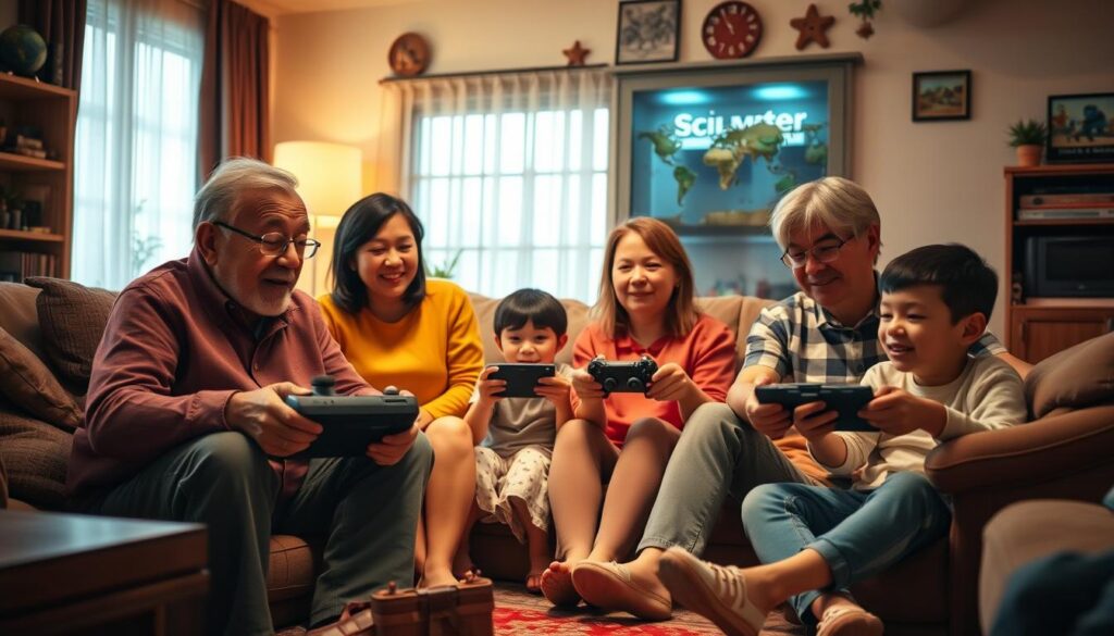 A multi-generational family playing games together, showing how the emotional journey of gaming connects across ages