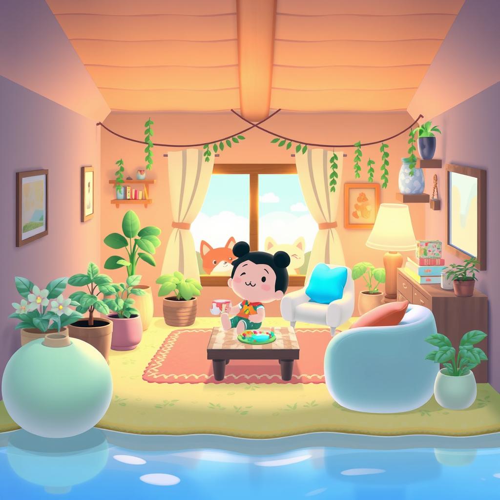 A peaceful scene from Animal Crossing showing a player character relaxing in a customized island home